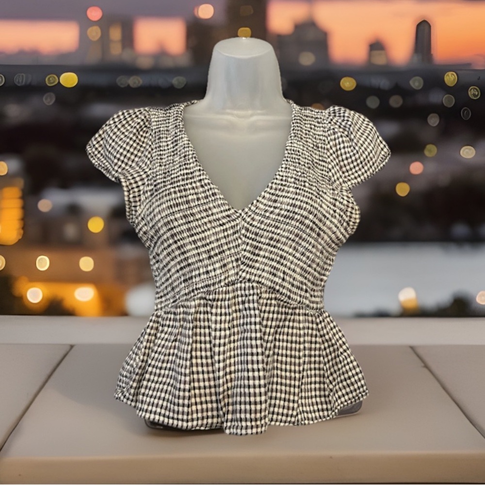 American Eagle Outfitters Black and White Gingham Peplum Blouse